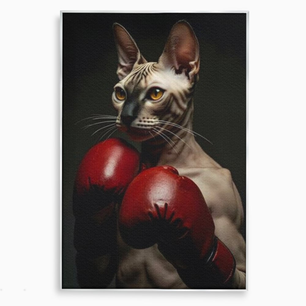 Tablou canvas cu tablou canvas cu motan sphynx boxer, in rama de aluminiu argintiu